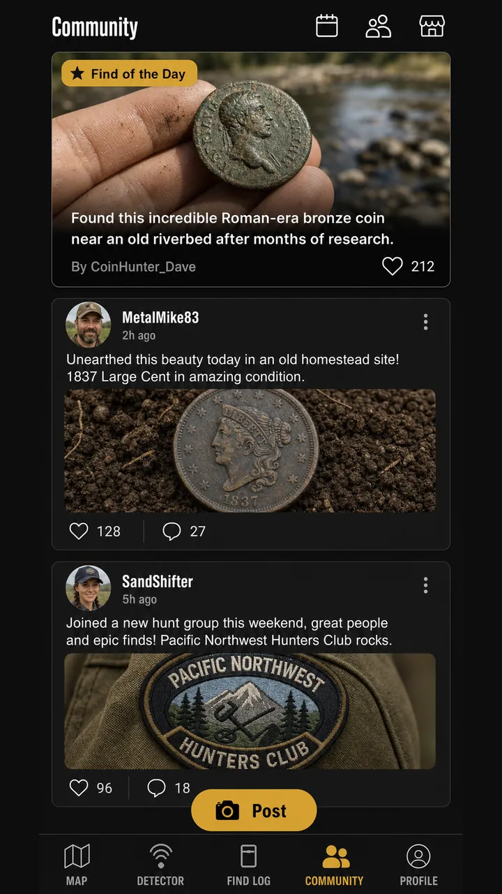 DeepFind Hunter Community feed screen with posts and Find of the Day.