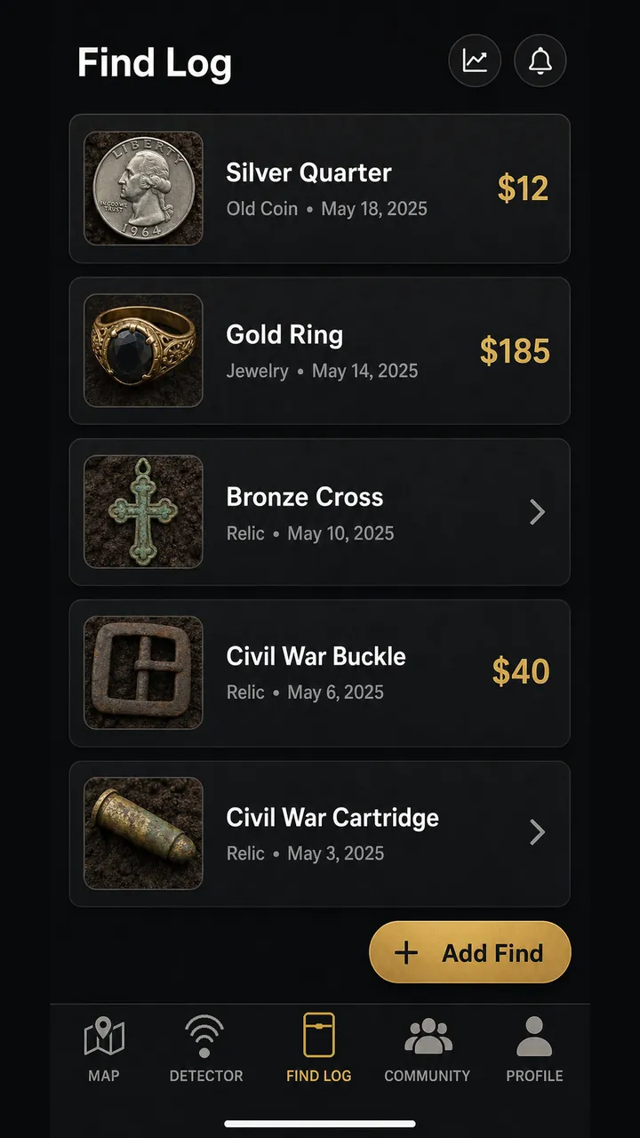 DeepFind Hunter Find Log screen listing logged finds with photos.