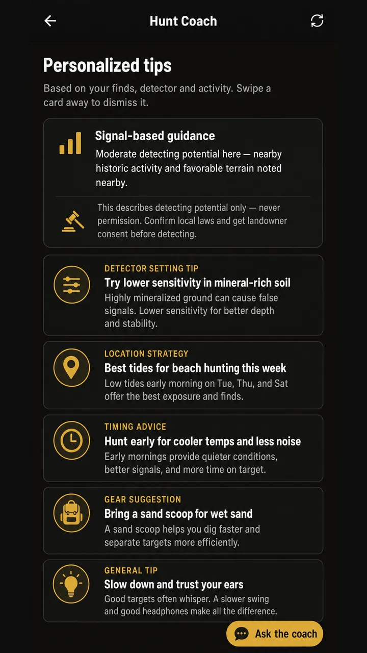 DeepFind Hunter Hunt Coach screen with personalized tip cards.
