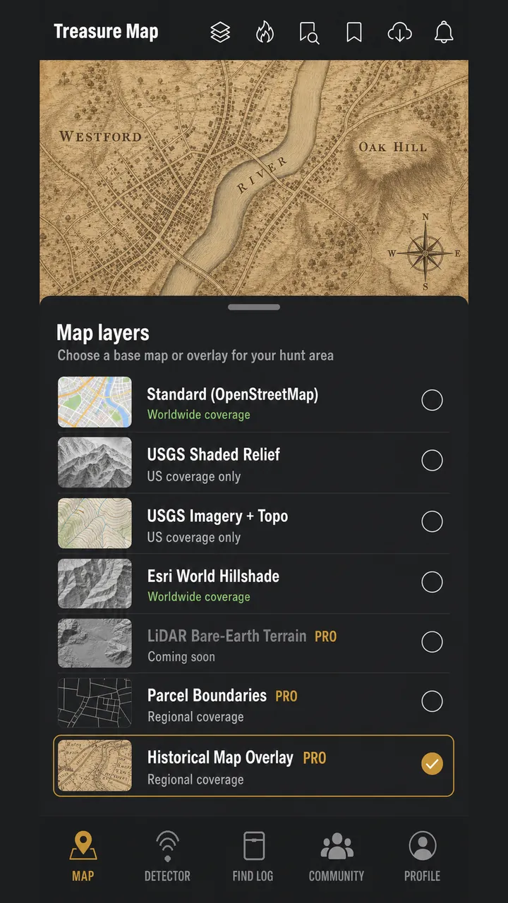 DeepFind Hunter Map Layers screen listing terrain layers and coverage.