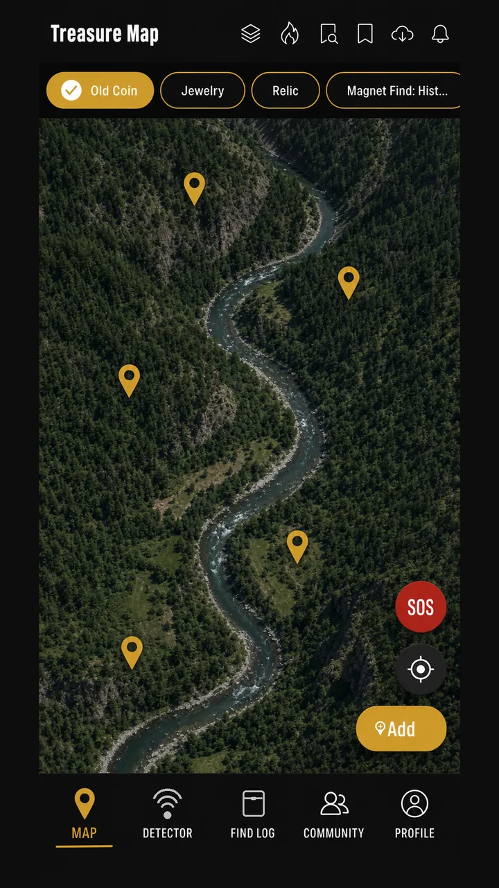 DeepFind Hunter Treasure Map screen with find pins, category filters, SOS and recenter controls over terrain.